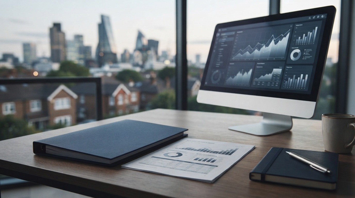 Desk with company profit charts used in a specialist lender assessment