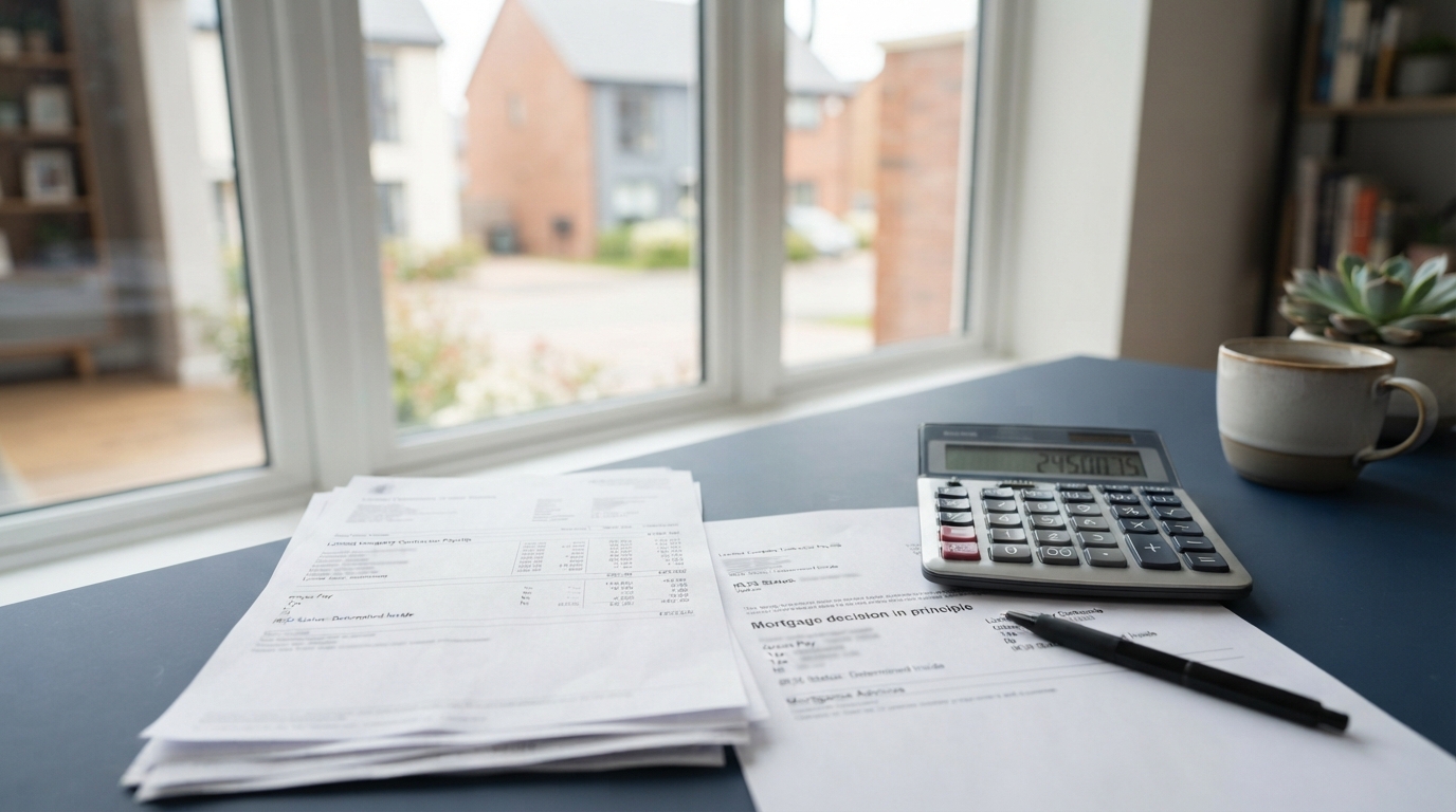 Inside IR35 mortgage affordability assessment paperwork and contractor day rate calculations on desk