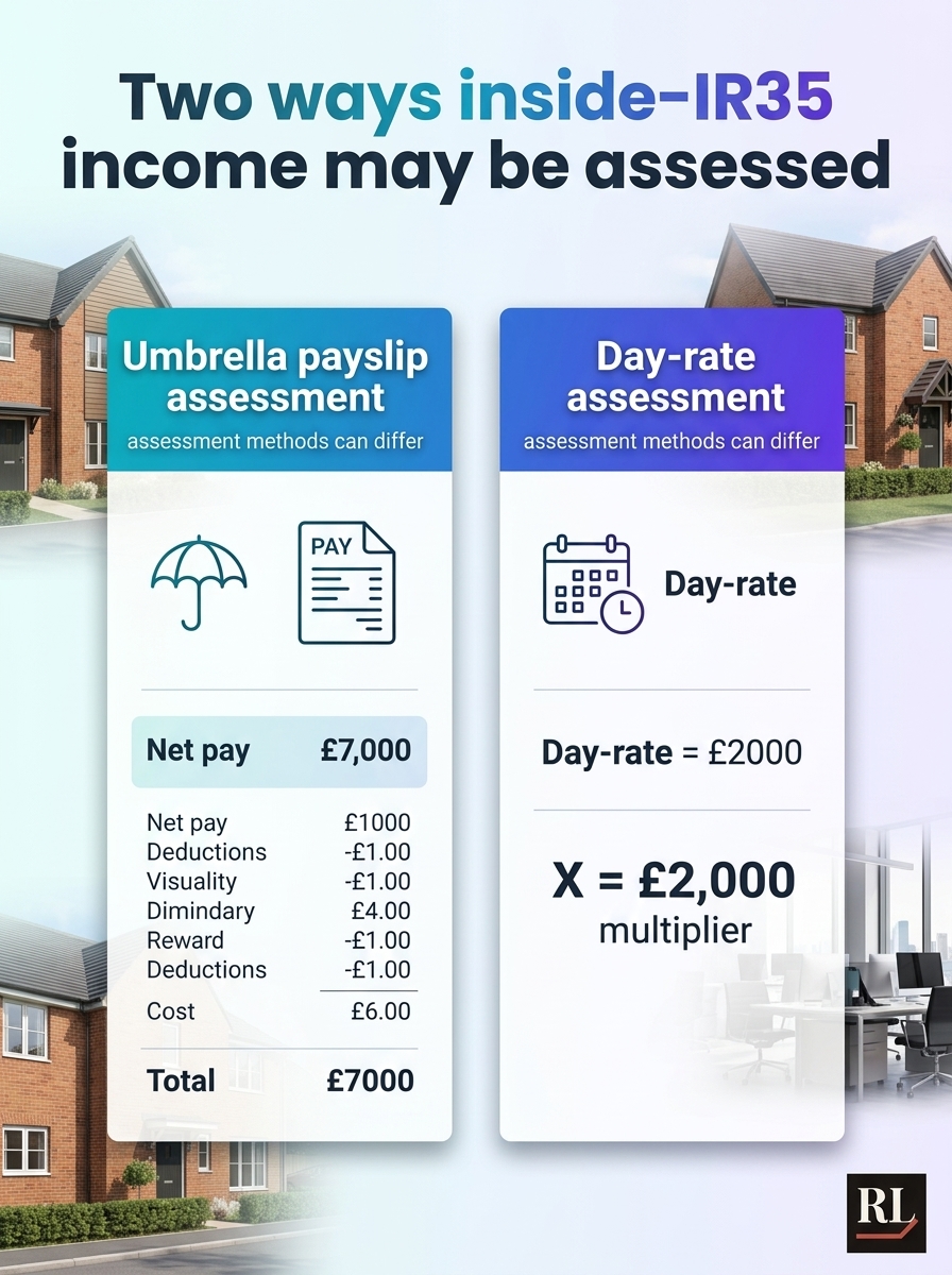 Comparison of umbrella payslip assessment vs day rate multiplier assessment for inside IR35 mortgages