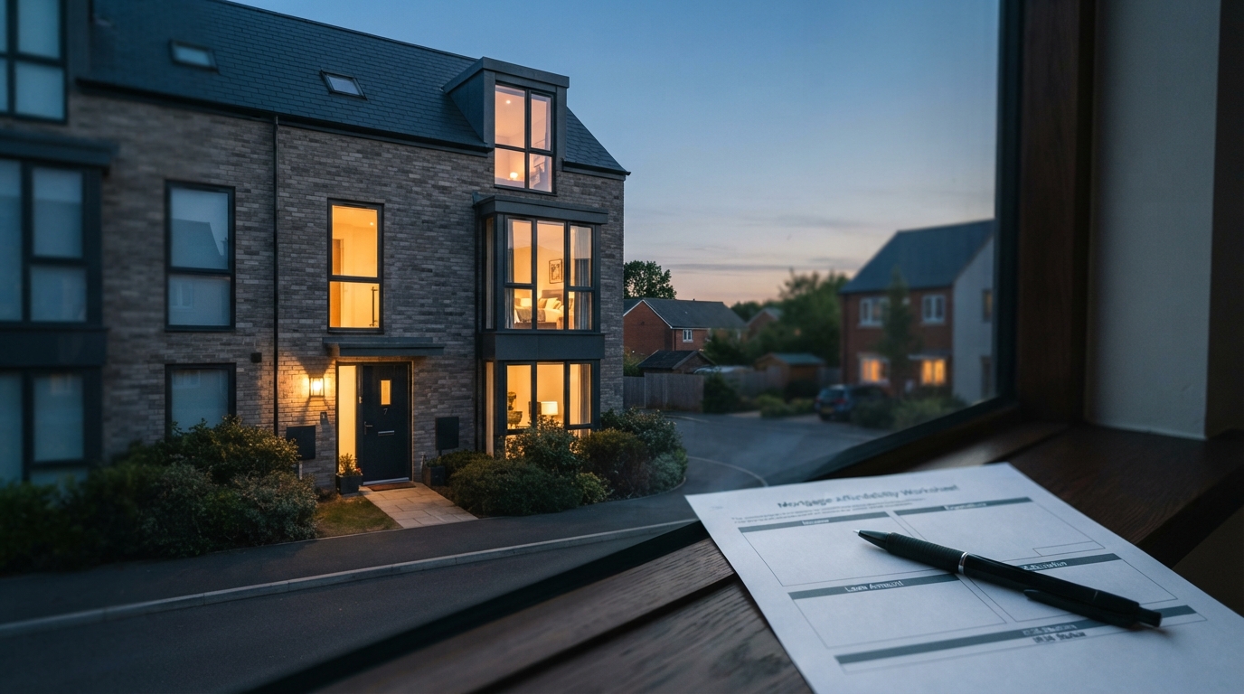 Modern British townhouse with mortgage worksheet on window desk for inside IR35 contractor home purchase